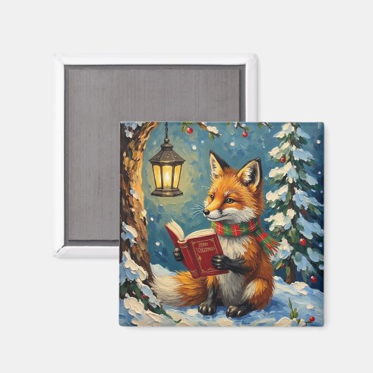 Vintage Winter Fox Reading by Lantern Light マグネット (正面/裏面)