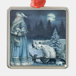 Vintage Winter Santa With Polar Bears メタルオーナメント