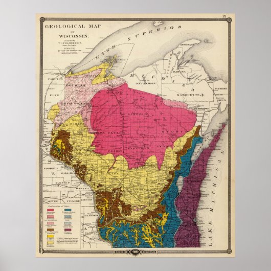 Vintage Wisconsin Geology Map (1878) ポスター (正面)