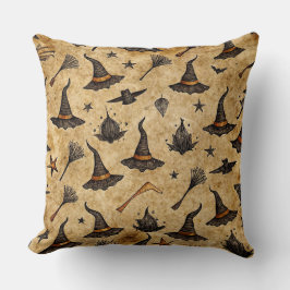 Vintage Witch Hats & Broomsticks Halloween Pattern クッション
