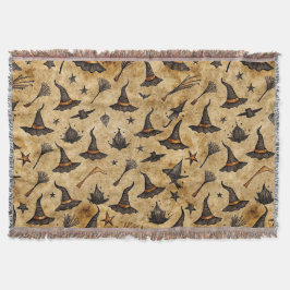 Vintage Witch Hats & Broomsticks Halloween Pattern スローブランケット
