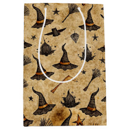 Vintage Witch Hats & Broomsticks Halloween Pattern ミディアムペーパーバッグ