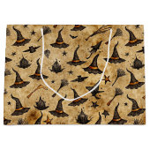 Vintage Witch Hats & Broomsticks Halloween Pattern ラージペーパーバッグ (正面)