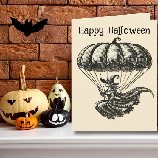 Vintage Witch & Pumpkin Parachute Halloween Photo シーズンカード