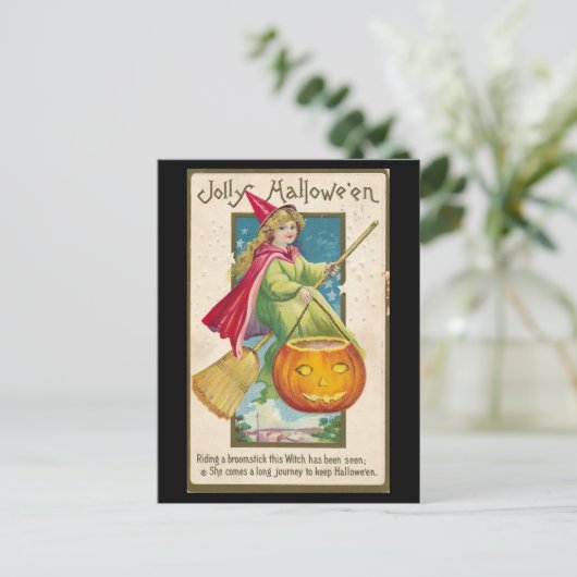 Vintage witch riding broomstick ポストカード (スタンド正面)