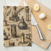 Vintage Witchcraft Books & Candles Pattern キッチンタオル (四つ折り)
