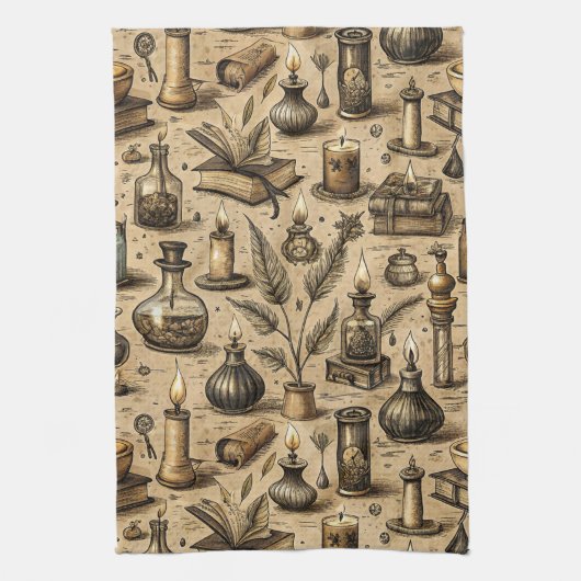 Vintage Witchcraft Books & Candles Pattern キッチンタオル (縦)