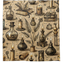 Vintage Witchcraft Books & Candles Pattern シャワーカーテン