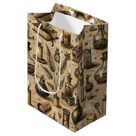 Vintage Witchcraft Books & Candles Pattern ミディアムペーパーバッグ (正面アングル)