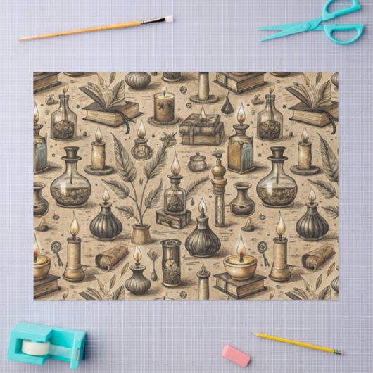 Vintage Witchcraft Books & Candles Pattern 薄葉紙 (クラフト)