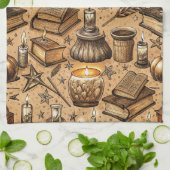 Vintage Witchcraft Books & Candles Pattern (2) キッチンタオル (折り畳み)