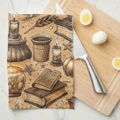 Vintage Witchcraft Books & Candles Pattern (2) キッチンタオル (四つ折り)