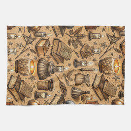 Vintage Witchcraft Books & Candles Pattern (2) キッチンタオル