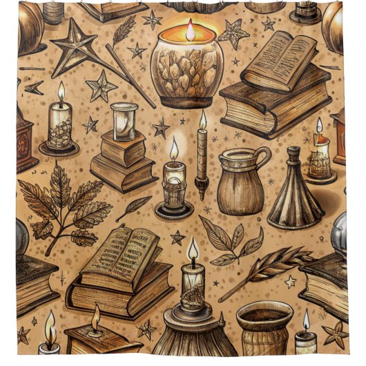 Vintage Witchcraft Books & Candles Pattern (2) シャワーカーテン (正面)
