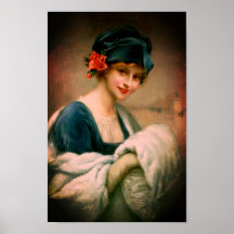 Vintage woman in fur hand muff winter portrait