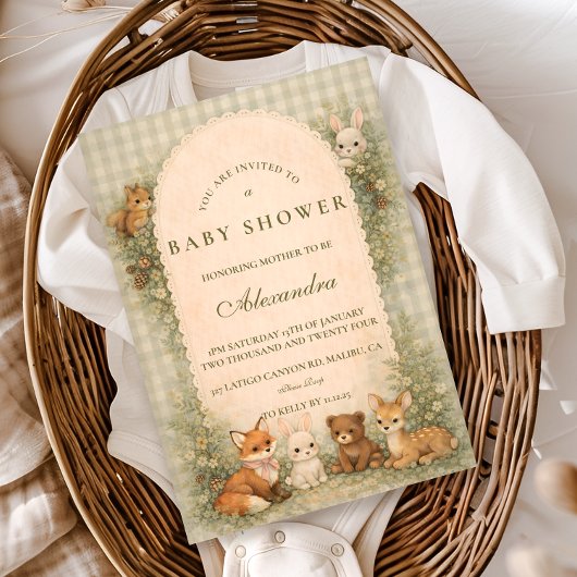Vintage Woodland Baby Animals Baby Shower 招待状