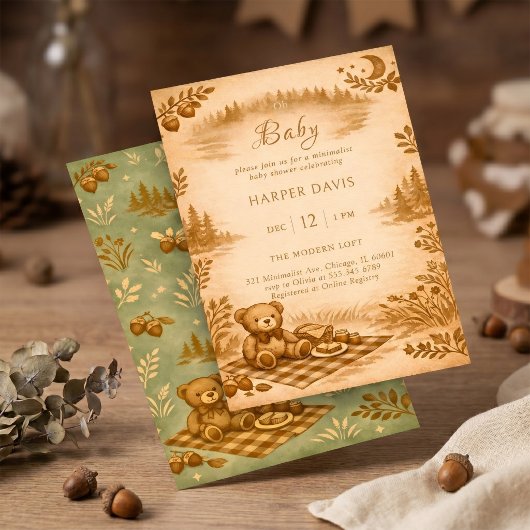 Vintage Woodland Teddy Bear Picnic Baby Shower 招待状