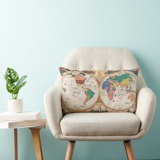 Vintage World Map Lumbar Pillow ランバークッション (椅子)