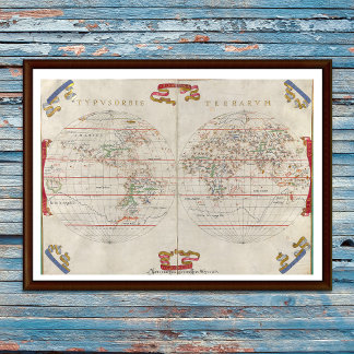 Vintage World Map Nautical Coastal Beach House ポスター