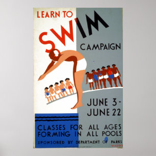 Vintage WPA Learn to Swim Campaign ポスター