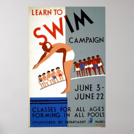 Vintage WPA Learn to Swim Campaign ポスター (正面)