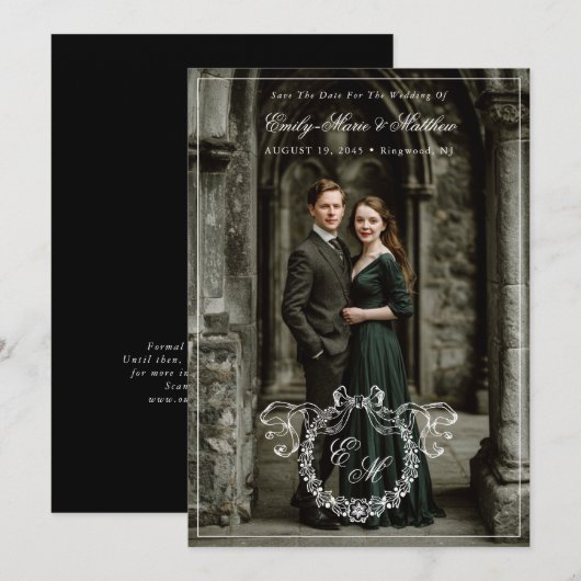 Vintage Wreath Monogram Elegant Wedding Full Photo セーブザデート (正面/裏面)