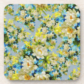 Vintage Yellow and Blue Floral Pattern コースター (正面)
