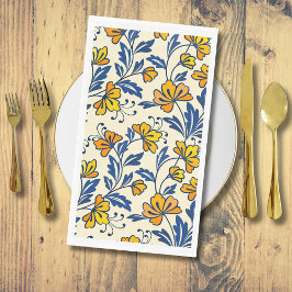 Vintage Yellow Orange Folk Floral Blue Leaf
