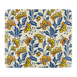 Vintage Yellow Orange Folk Floral Blue Leaf カッティングボード