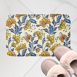 Vintage Yellow Orange Folk Floral Blue Leaf バスマット