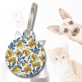 Vintage Yellow Orange Folk Floral Blue Leaf ペット ネームタグ