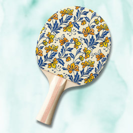 Vintage Yellow Orange Folk Floral Blue Leaf 卓球ラケット