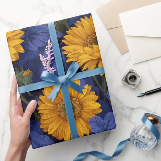 Vintage Yellow Sunflower Blue Floral Pattern ラッピングペーパー (ギフト)