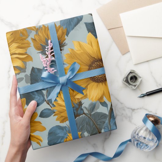 Vintage Yellow Sunflower Blue Floral Pattern ラッピングペーパー (ギフト)