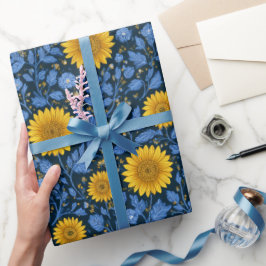 Vintage Yellow Sunflower Blue Floral Pattern ラッピングペーパー