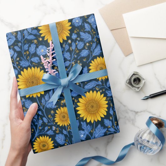 Vintage Yellow Sunflower Blue Floral Pattern ラッピングペーパー (ギフト)