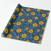 Vintage Yellow Sunflower Blue Floral Pattern ラッピングペーパー (アンロールド)