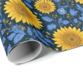 Vintage Yellow Sunflower Blue Floral Pattern ラッピングペーパー (ロールコーナー)