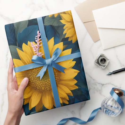 Vintage Yellow Sunflower Blue Floral Pattern ラッピングペーパー (ギフト)
