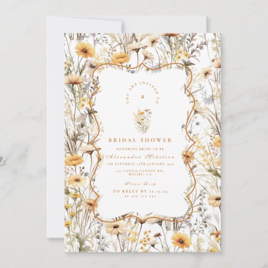 Vintage Yellow Wildflowers Bridal Shower 招待状 (正面)