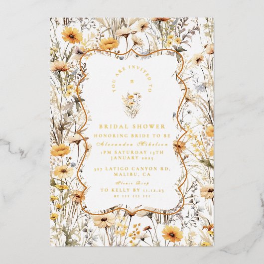 Vintage Yellow Wildflowers Bridal Shower 箔招待状 (正面)