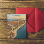 Vintage Zadar Croatia Adriatic Coast Illustration ポストカード<br><div class="desc">Capture the timeless beauty of the Dalmatian Coast with this stunning vintage-style postcard of Zadar, Croatia. This artwork features a breathtaking aerial perspective of the historic Old Town, highlighting the iconic St. Donatus Church and the sun-drenched Riva promenade. Rendered in a classic mid-century travel poster aesthetic with warm Mediterranean tones,...</div>