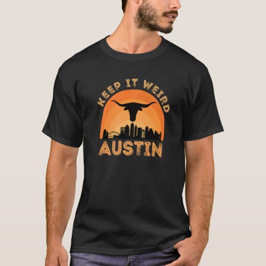 Vintge Austin Texas Keep It Weird Longhorn Sunset Tシャツ (正面)