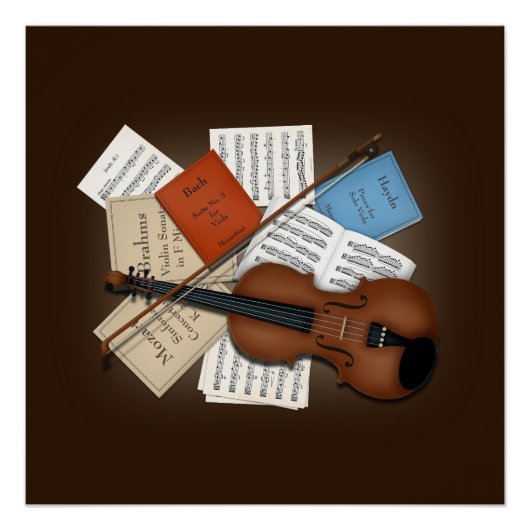 Viola & Bow With Books & Sheet Music Customizable ポスター (正面)