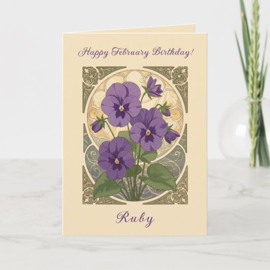Viola February Birthday Flowers Art Nouveau Style カード (正面)