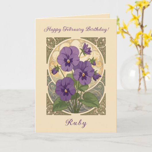 Viola February Birthday Flowers Art Nouveau Style カード (黄色い花)
