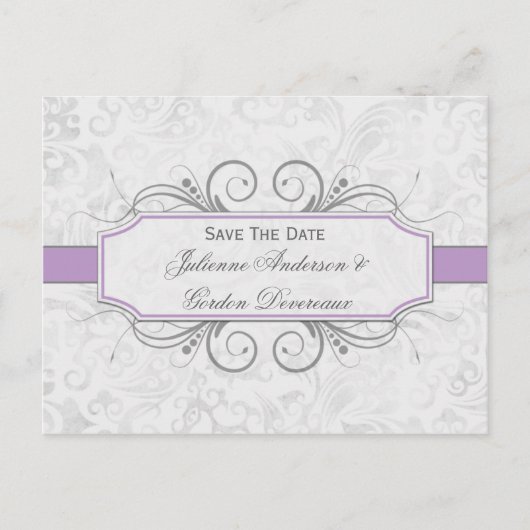 VioletとGray Damask日付を保存 案内ポストカード (正面)