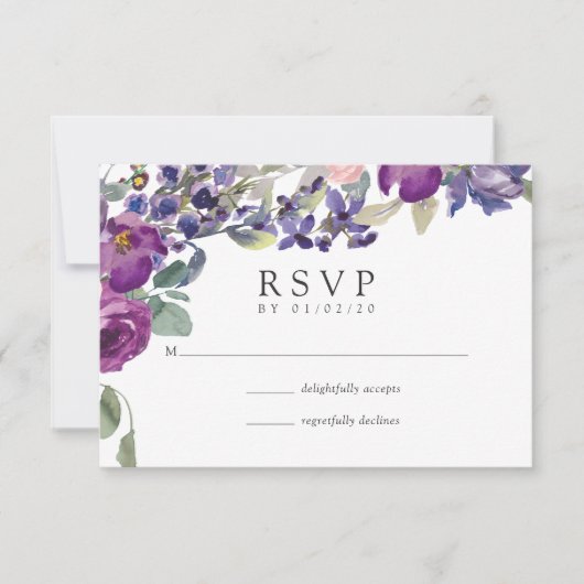 VioletとPlumのフローラ結婚式RSVP 出欠カード (正面)
