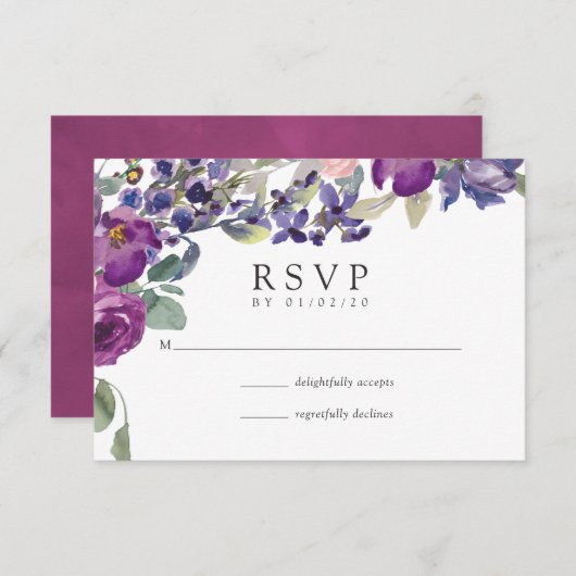 VioletとPlumのフローラ結婚式RSVP 出欠カード (正面/裏面)