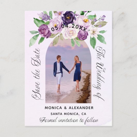Violet花模様写真の結婚式の日付を保存 案内ポストカード (正面)